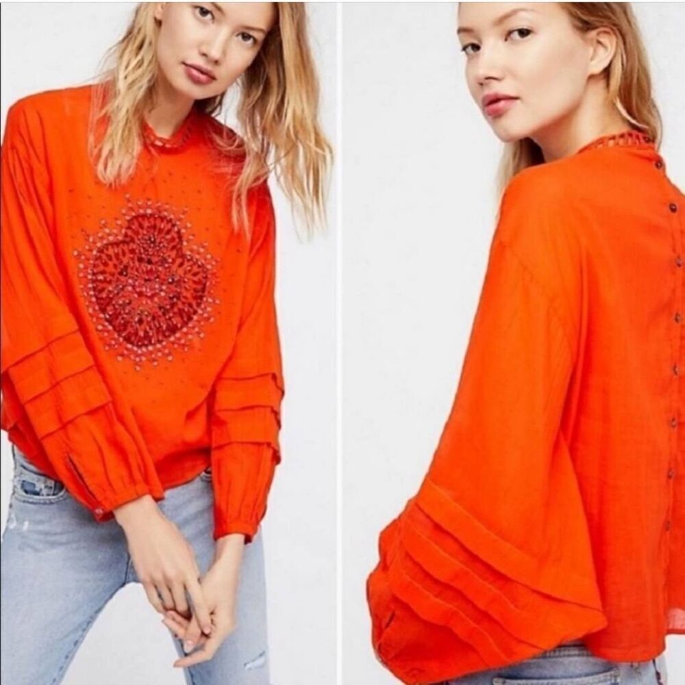 Free People Heart of‎ Gold Embellished Fiesta Red Blouse Size Small NWT